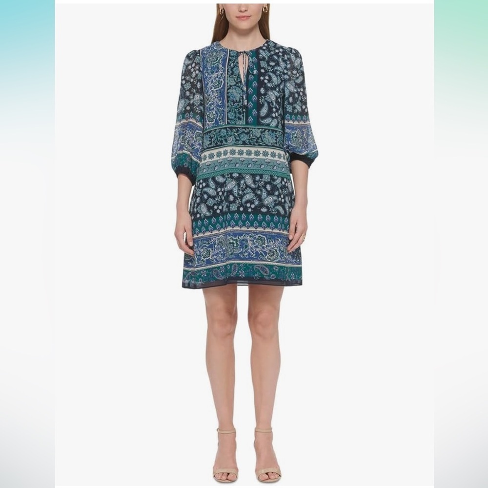 NWT Vince Camuto Womens Chiffon‎ Tie Neck Shift Dress, Size US 2